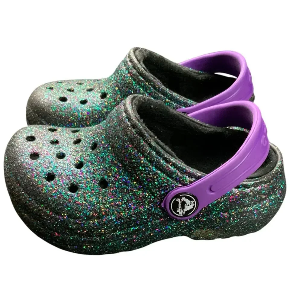 Crocs Kids Classic Glitter Clogs Purple Strap Black Sparkle C7 Toddler Shoes